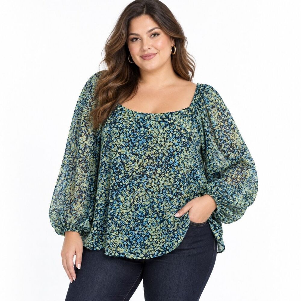 Steve Madden Women’s Floral Square Neck Balloon Sleeve Top Plus Size 1X